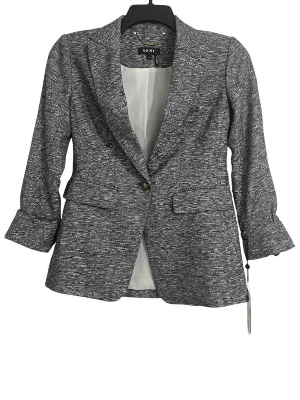 DKNY Womens One Button Blazer Size 0 Marled 3/4 Cuffed Sleeves Lined Pockets